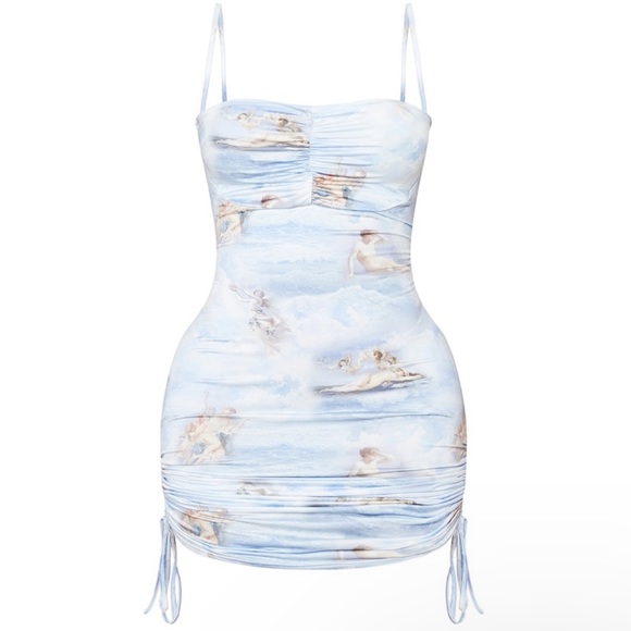 Shape Blue Renaissance Print Slinky Ruched Side Bodycon - Picture 5 of 5